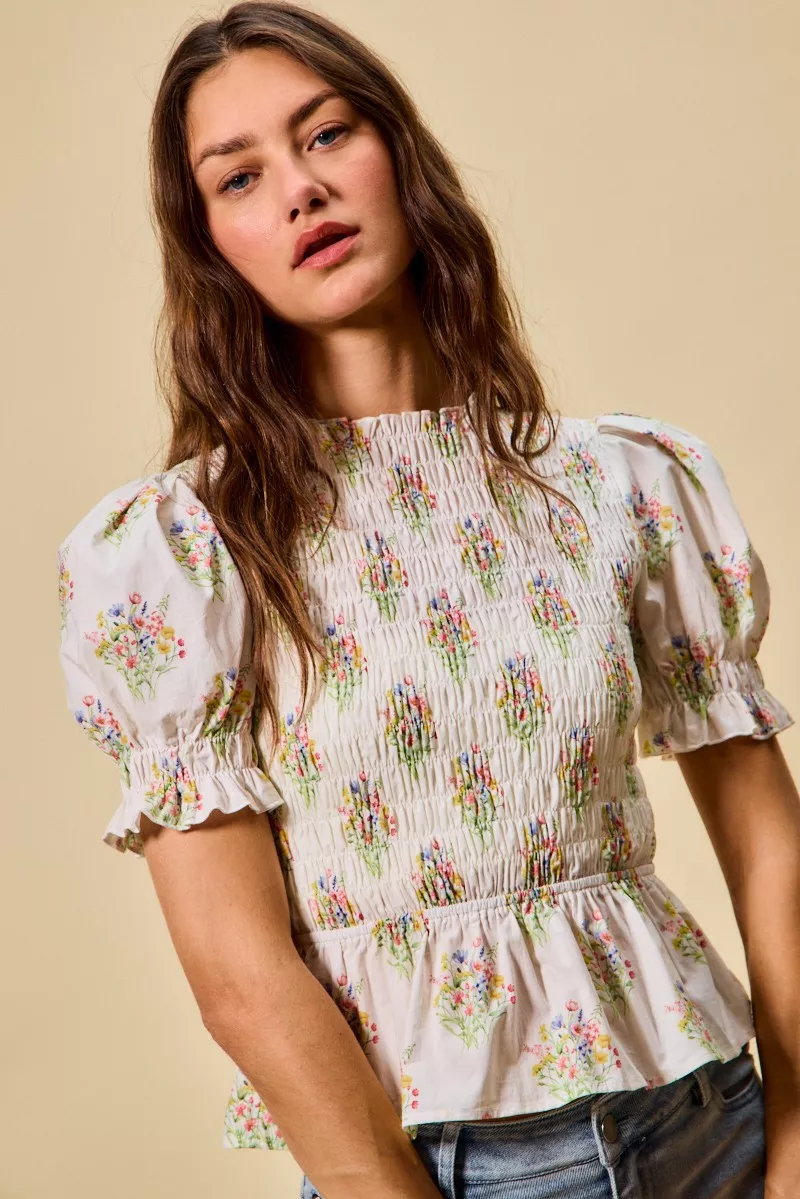 SO ME Floral Cotton Smocked Short Sleeves Blouse - Image 13