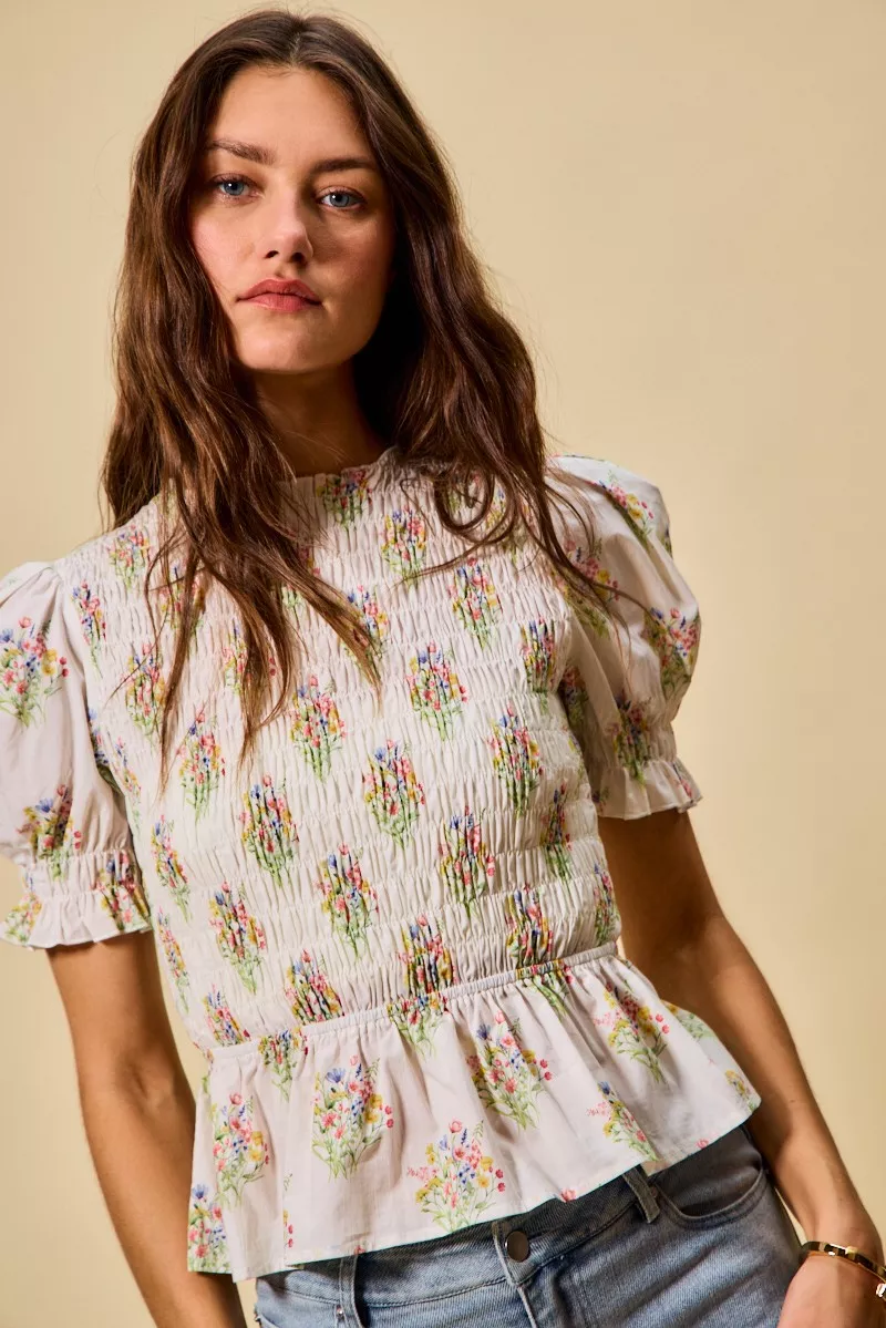 SO ME Floral Cotton Smocked Short Sleeves Blouse - Image 6