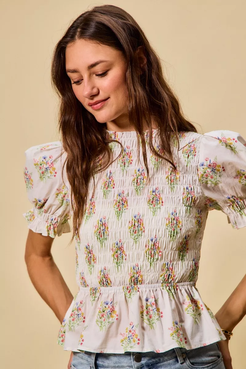 SO ME Floral Cotton Smocked Short Sleeves Blouse - Image 8