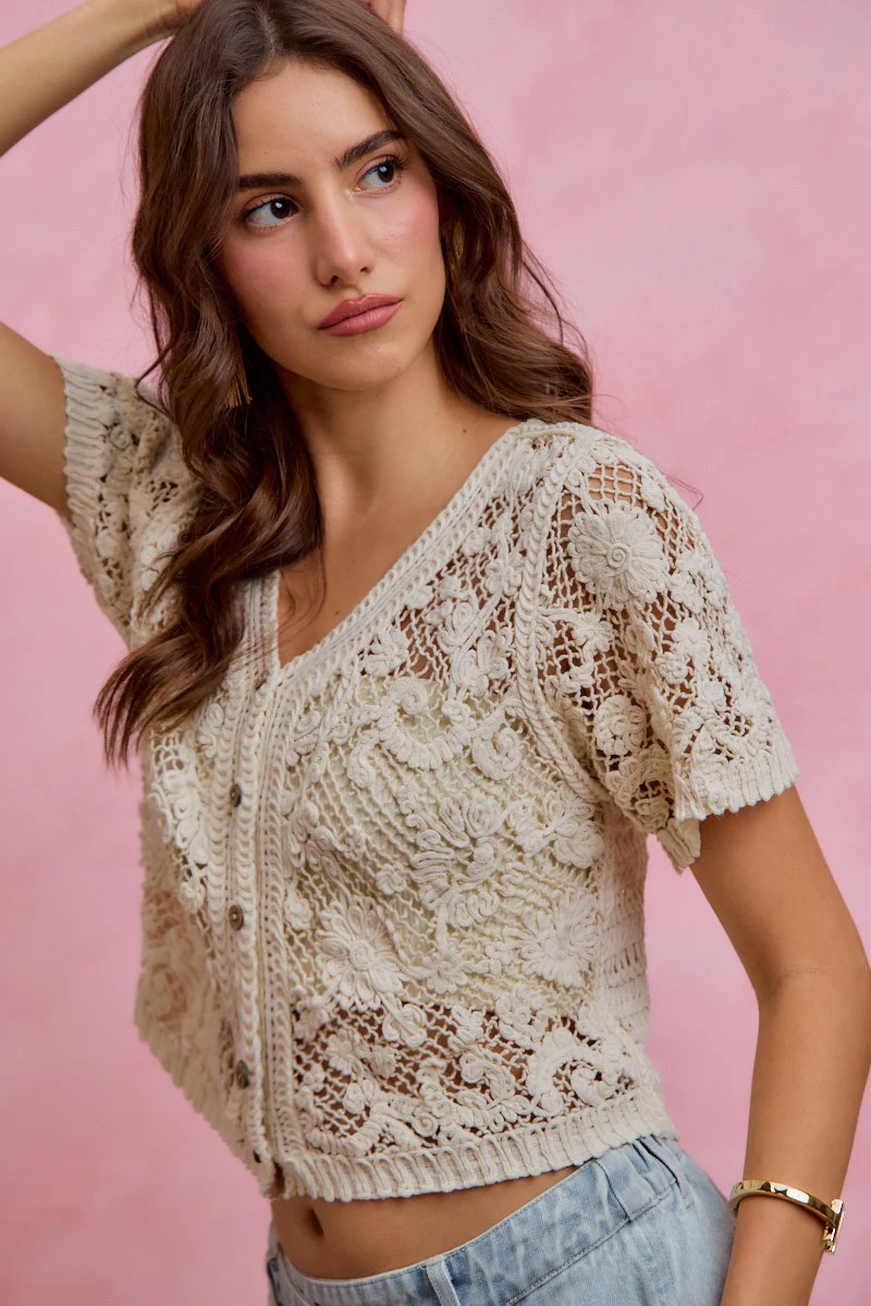 SO ME Floral Crochet Lace Button Down Cardigan - Image 5