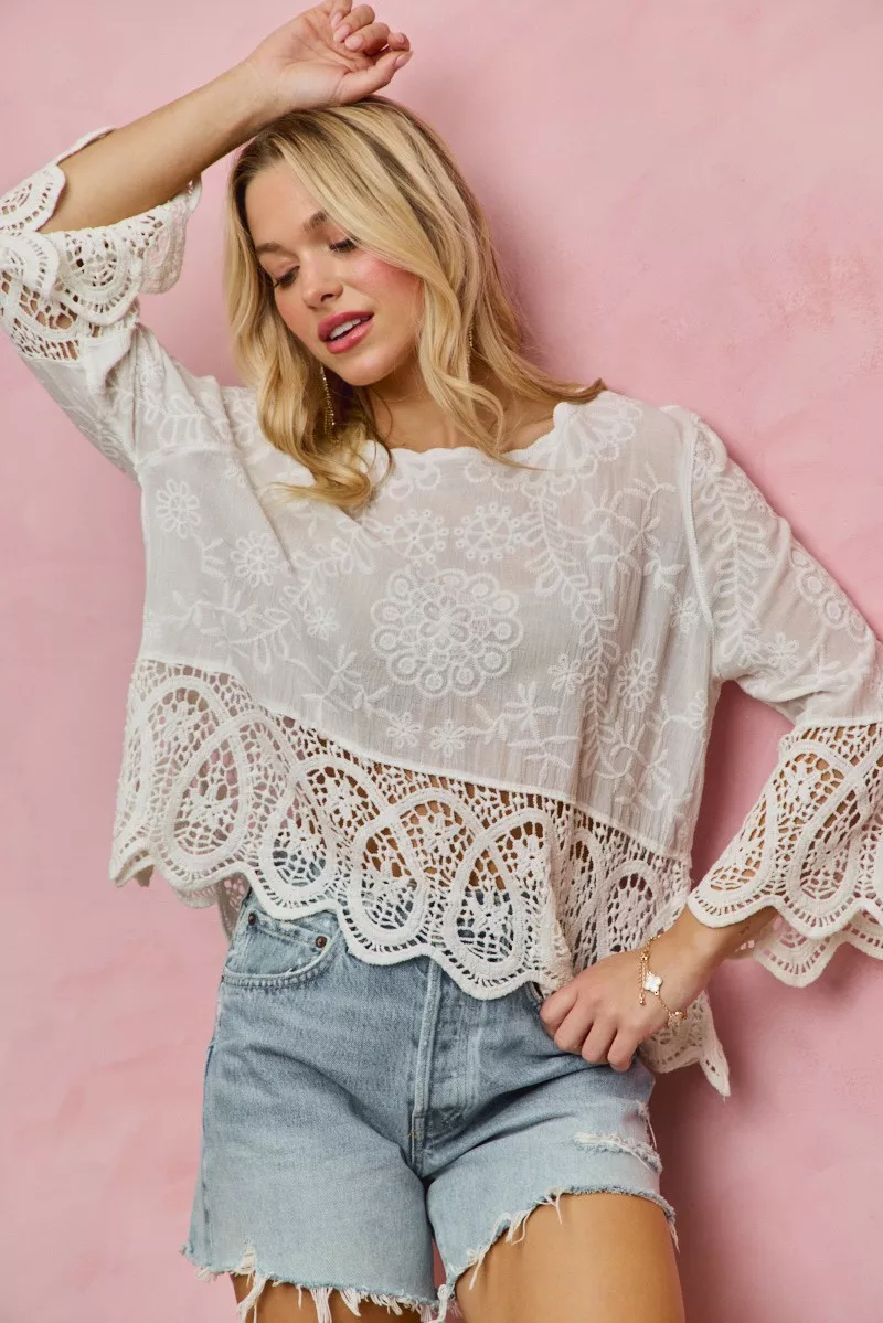 SO ME Floral Embroidered Crochet Lace Trimmed Top - Image 11
