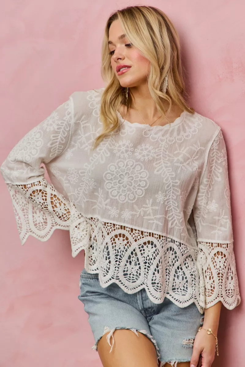 SO ME Floral Embroidered Crochet Lace Trimmed Top - Image 2