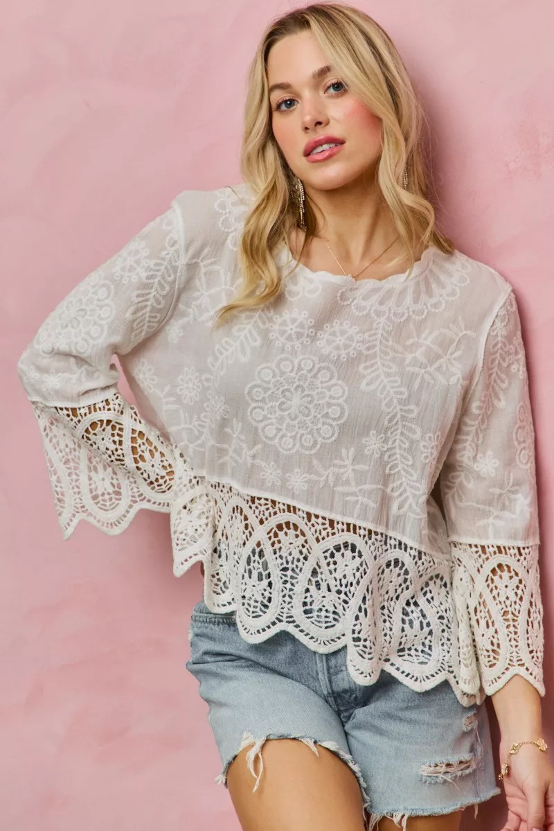 SO ME Floral Embroidered Crochet Lace Trimmed Top - Image 5