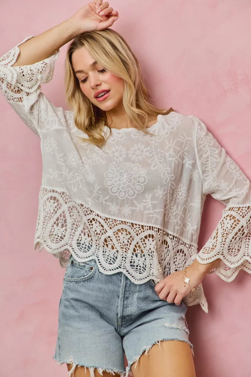 SO ME Floral Embroidered Crochet Lace Trimmed Top - Image 6