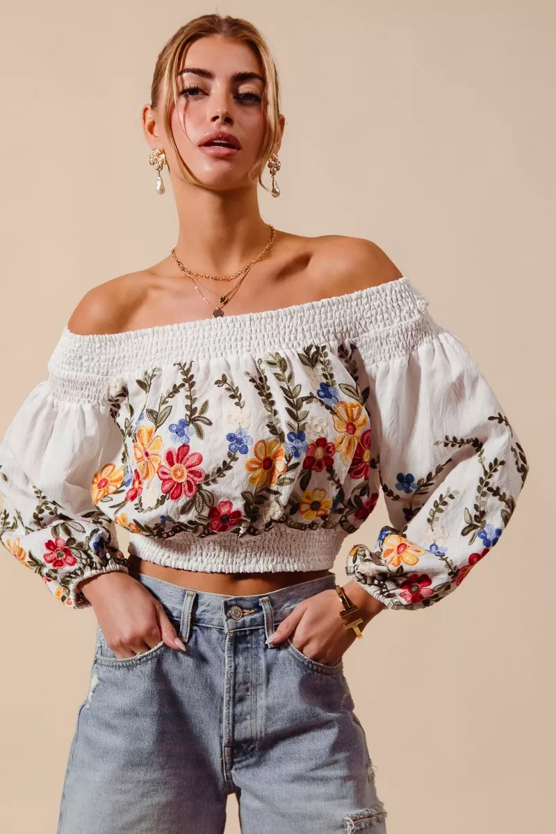 SO ME Floral Embroidered Off The Shoulder Crop Top - Image 2
