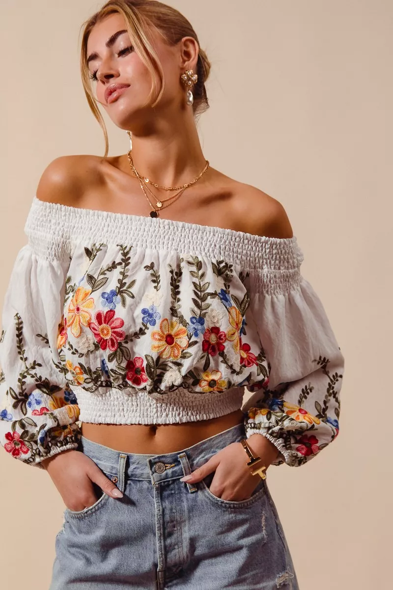 SO ME Floral Embroidered Off The Shoulder Crop Top - Image 3