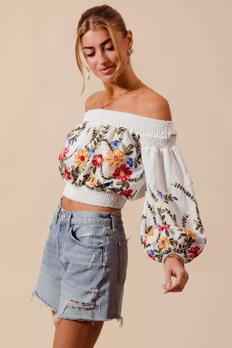 SO ME Floral Embroidered Off The Shoulder Crop Top - Image 4