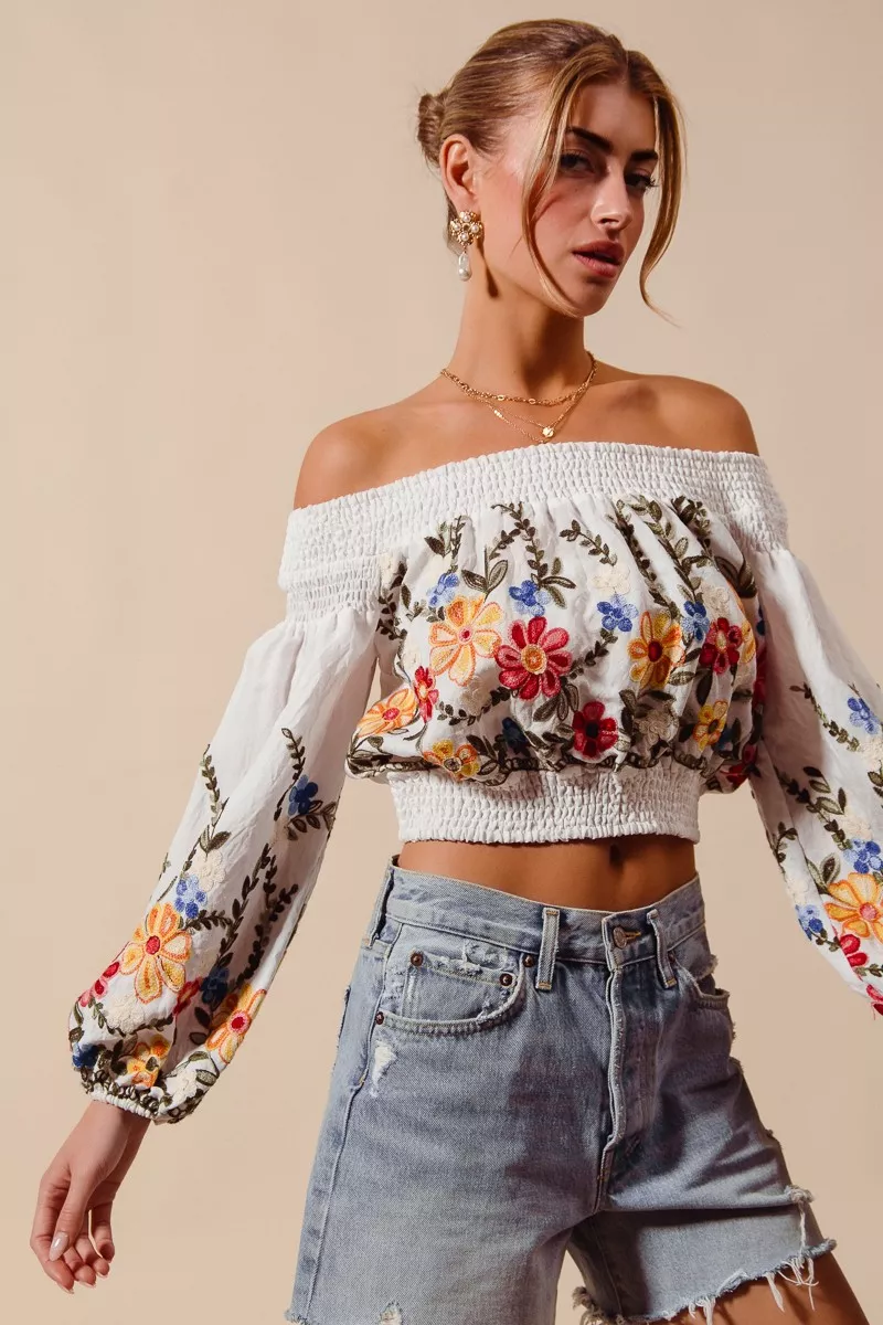 SO ME Floral Embroidered Off The Shoulder Crop Top - Image 7