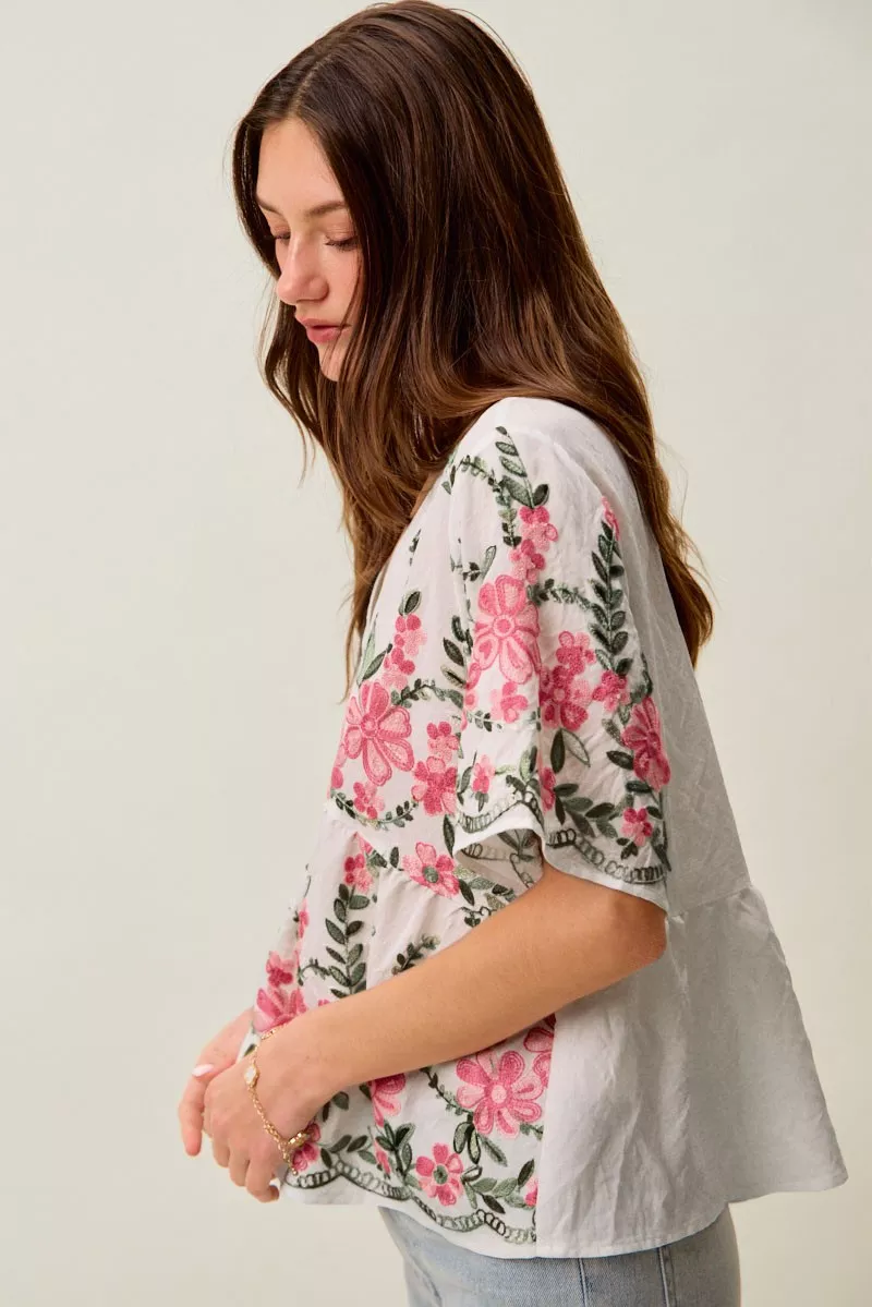 SO ME Floral Embroidered V Neck Boho Blouse Top - Image 2