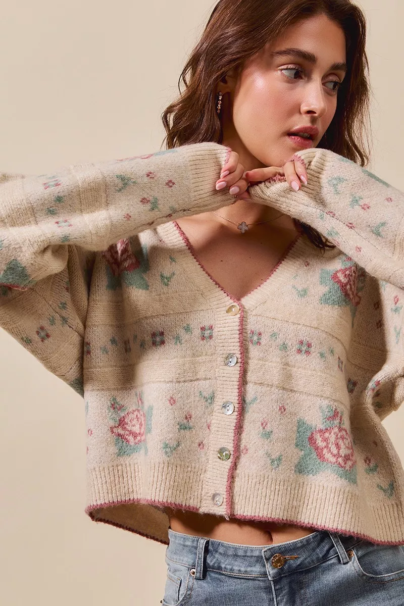 SO ME Floral Pattern Long Sleeve Button Sweater Cardigan - Image 2