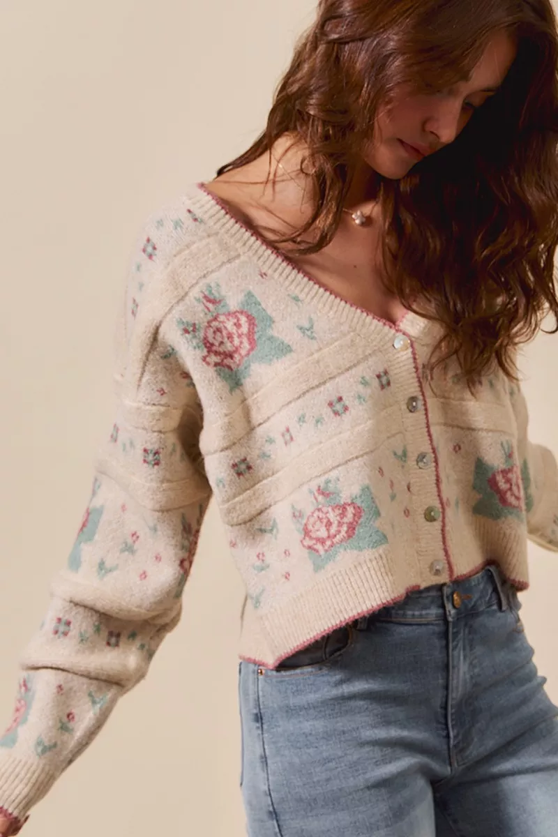 SO ME Floral Pattern Long Sleeve Button Sweater Cardigan - Image 3