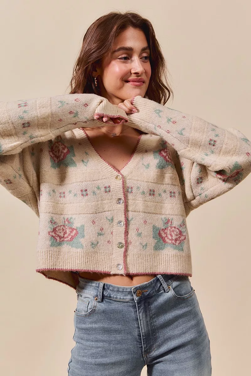 SO ME Floral Pattern Long Sleeve Button Sweater Cardigan - Image 9