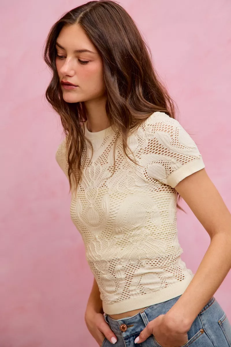 SO ME Floral Perforated Seamless Active Short Sleeve Top - Image 6