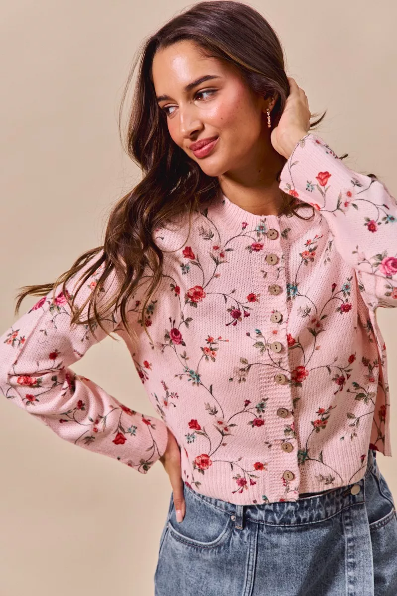 SO ME Floral Print Button Front Sweater Cardigan Top - Image 3