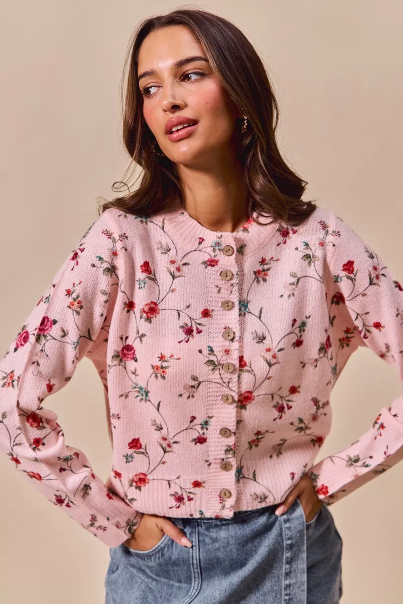 SO ME Floral Print Button Front Sweater Cardigan Top - Image 7