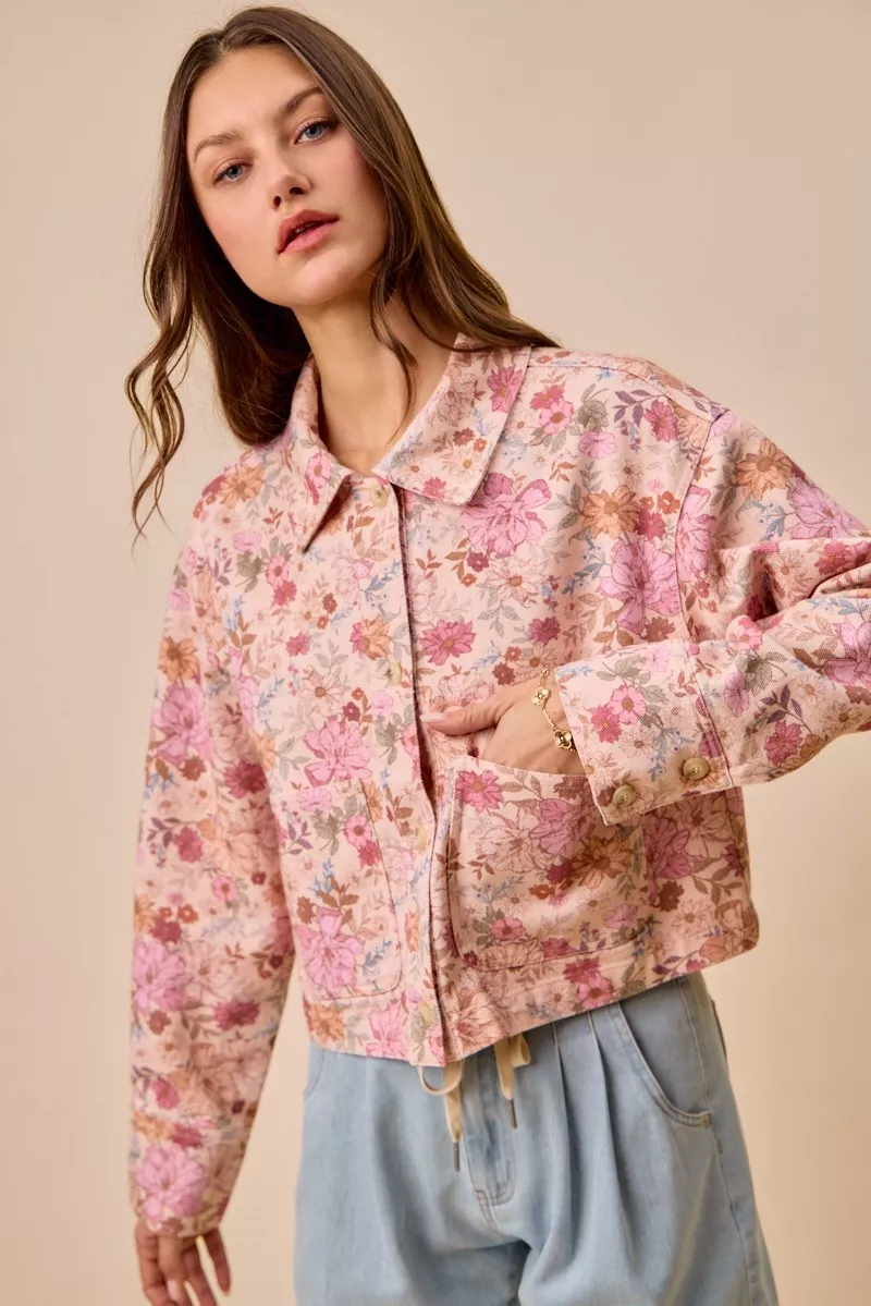 SO ME Floral Print Cotton Twill Button Down Barn Jacket