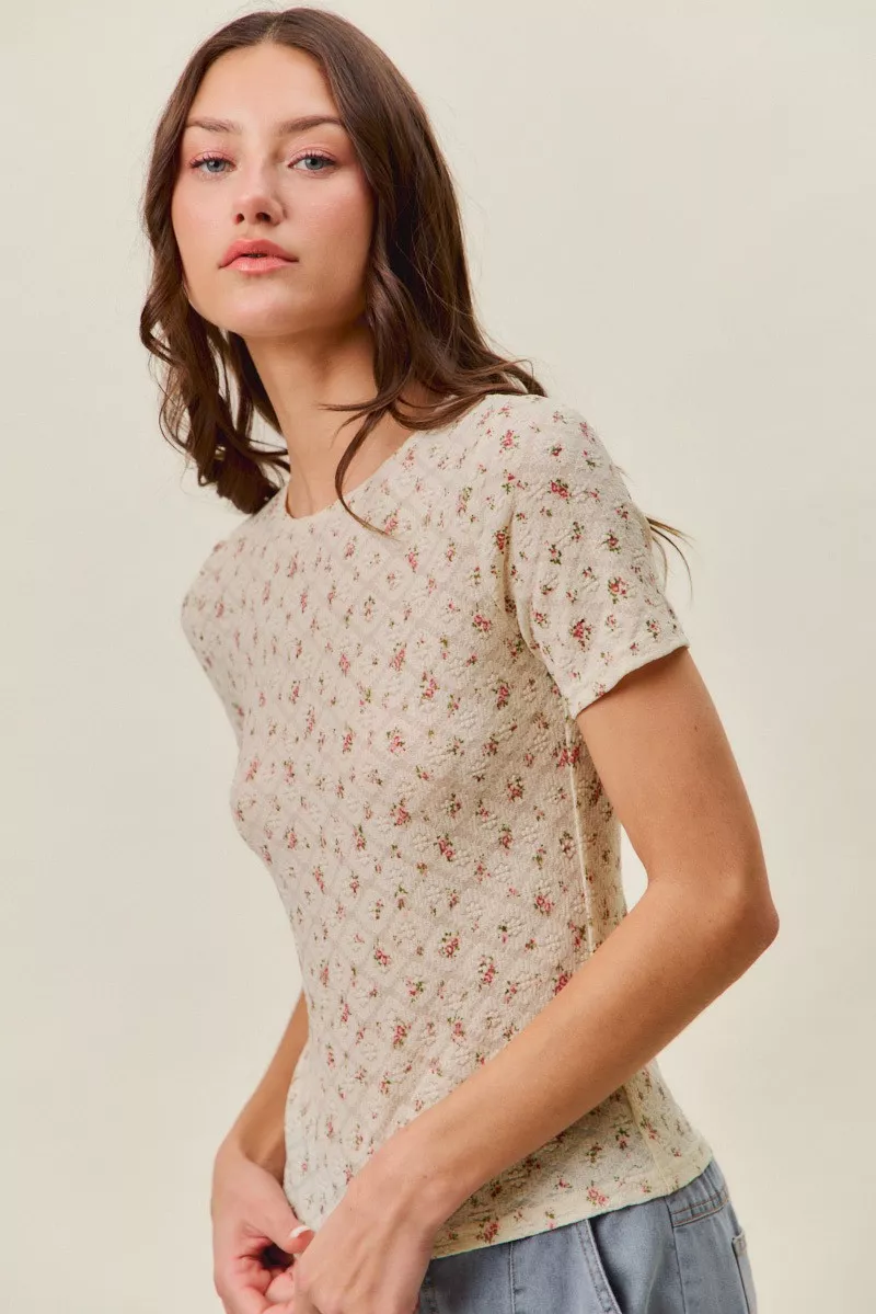 SO ME Floral Print Lace Short Sleeves Layering Knit Top - Image 5