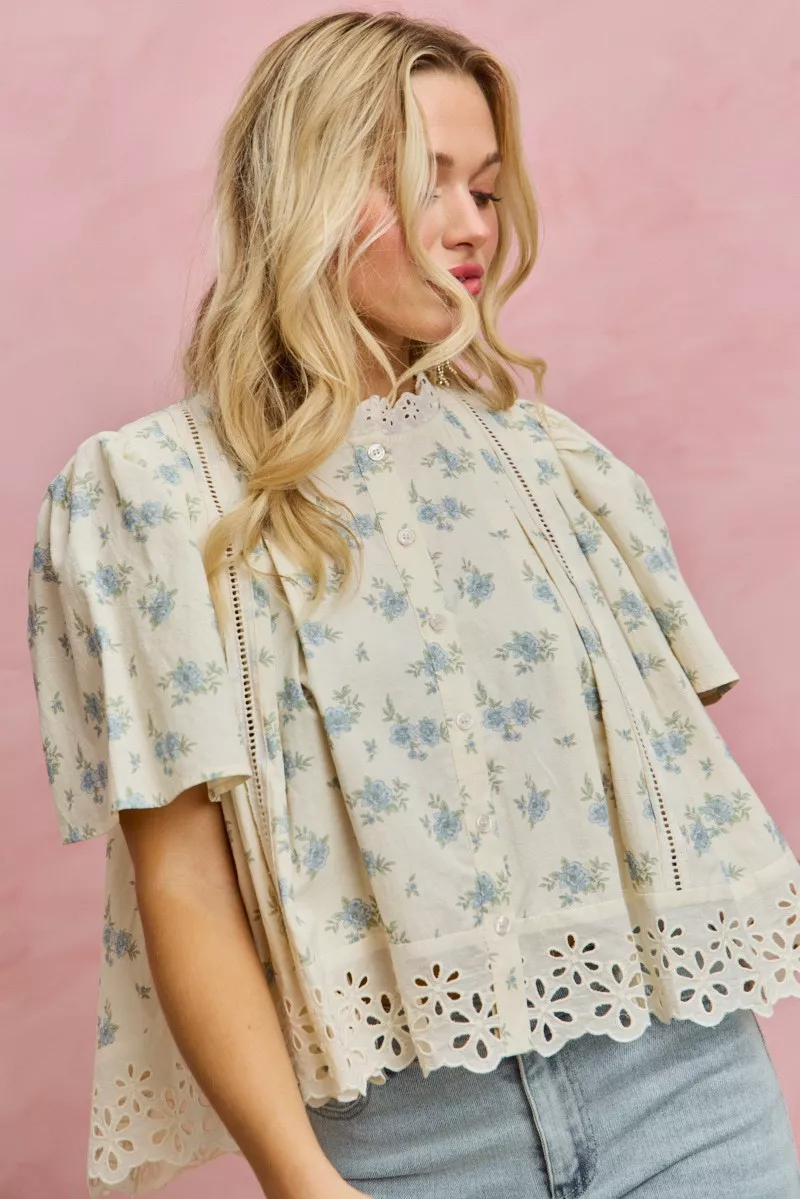 SO ME Floral Print Lace Trim Flutter Sleeves Blouse - Image 12