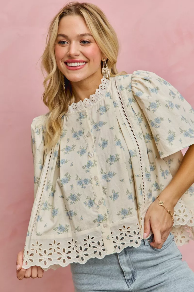 SO ME Floral Print Lace Trim Flutter Sleeves Blouse - Image 13