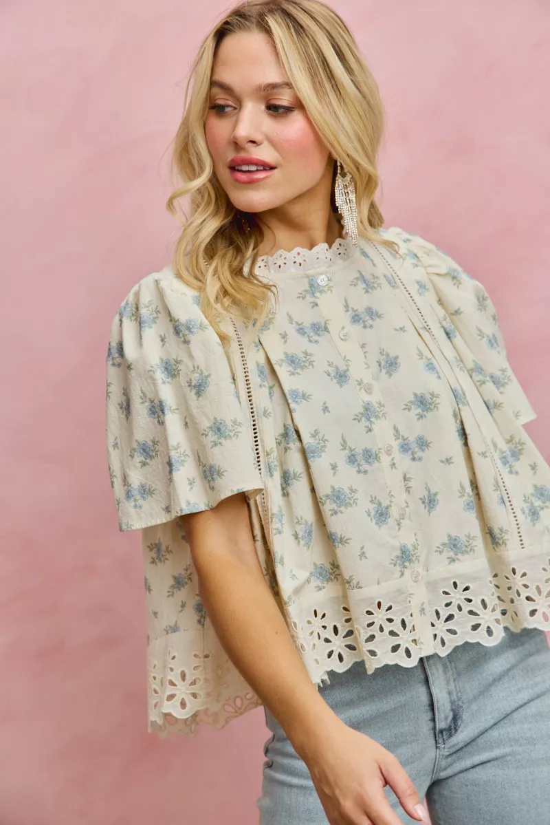 SO ME Floral Print Lace Trim Flutter Sleeves Blouse - Image 14