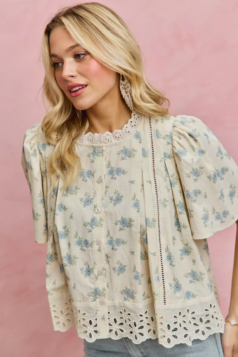 SO ME Floral Print Lace Trim Flutter Sleeves Blouse - Image 15