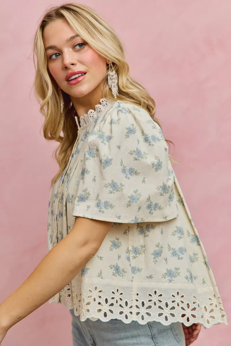 SO ME Floral Print Lace Trim Flutter Sleeves Blouse - Image 16