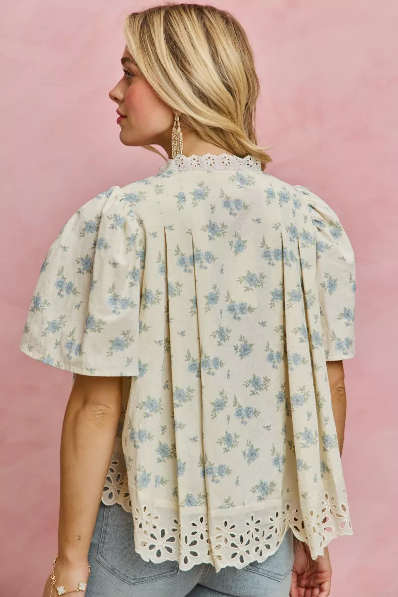 SO ME Floral Print Lace Trim Flutter Sleeves Blouse - Image 17