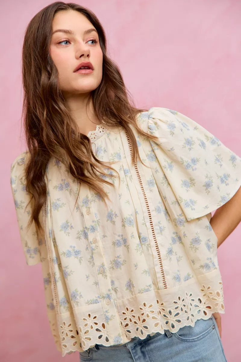 SO ME Floral Print Lace Trim Flutter Sleeves Blouse - Image 18