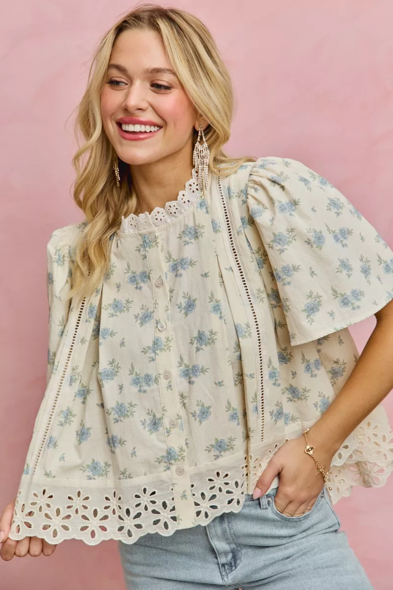 SO ME Floral Print Lace Trim Flutter Sleeves Blouse - Image 3