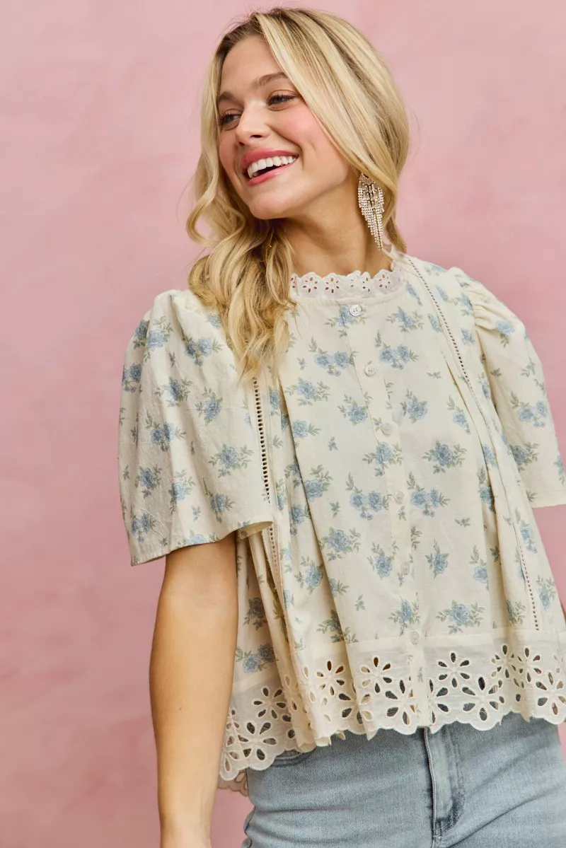 SO ME Floral Print Lace Trim Flutter Sleeves Blouse - Image 4