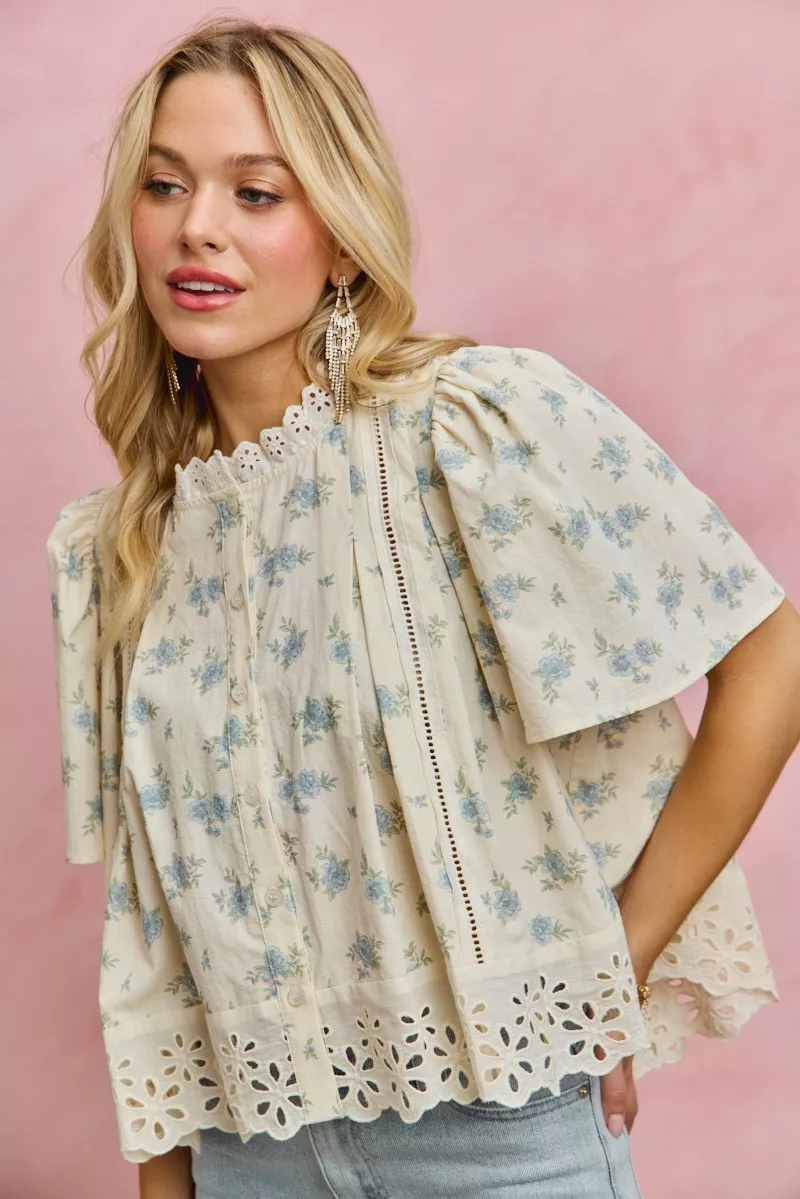 SO ME Floral Print Lace Trim Flutter Sleeves Blouse - Image 5