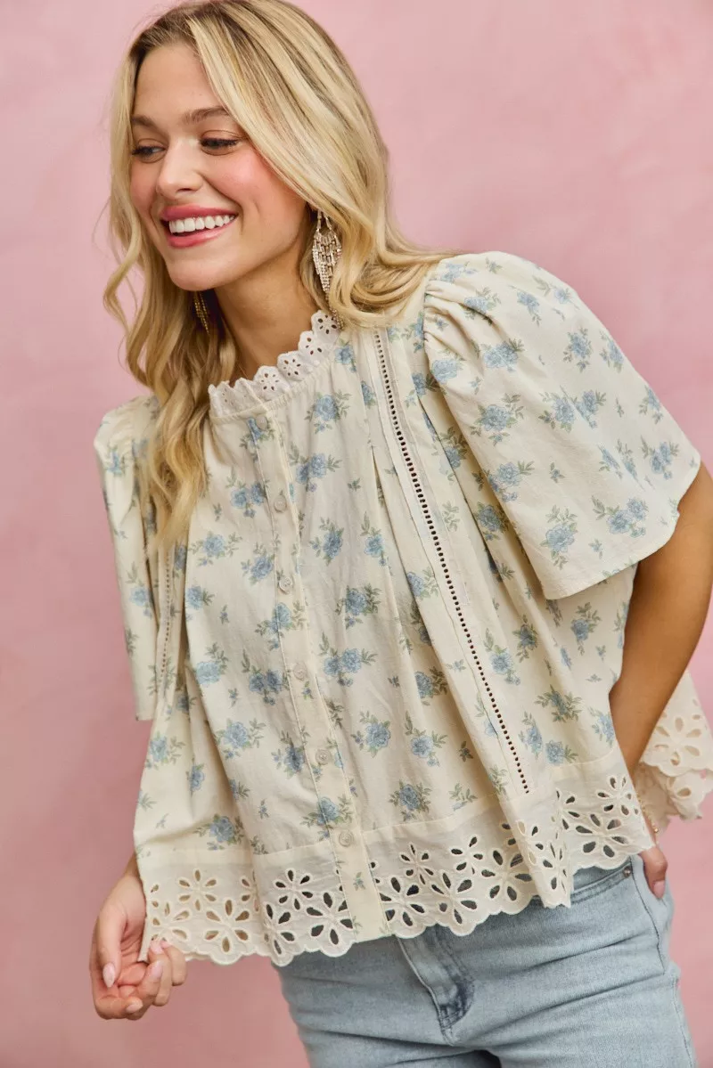 SO ME Floral Print Lace Trim Flutter Sleeves Blouse - Image 6