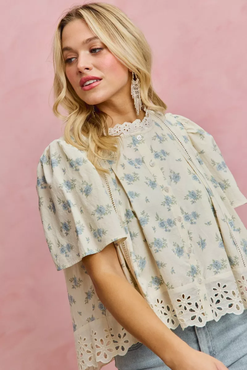 SO ME Floral Print Lace Trim Flutter Sleeves Blouse - Image 7