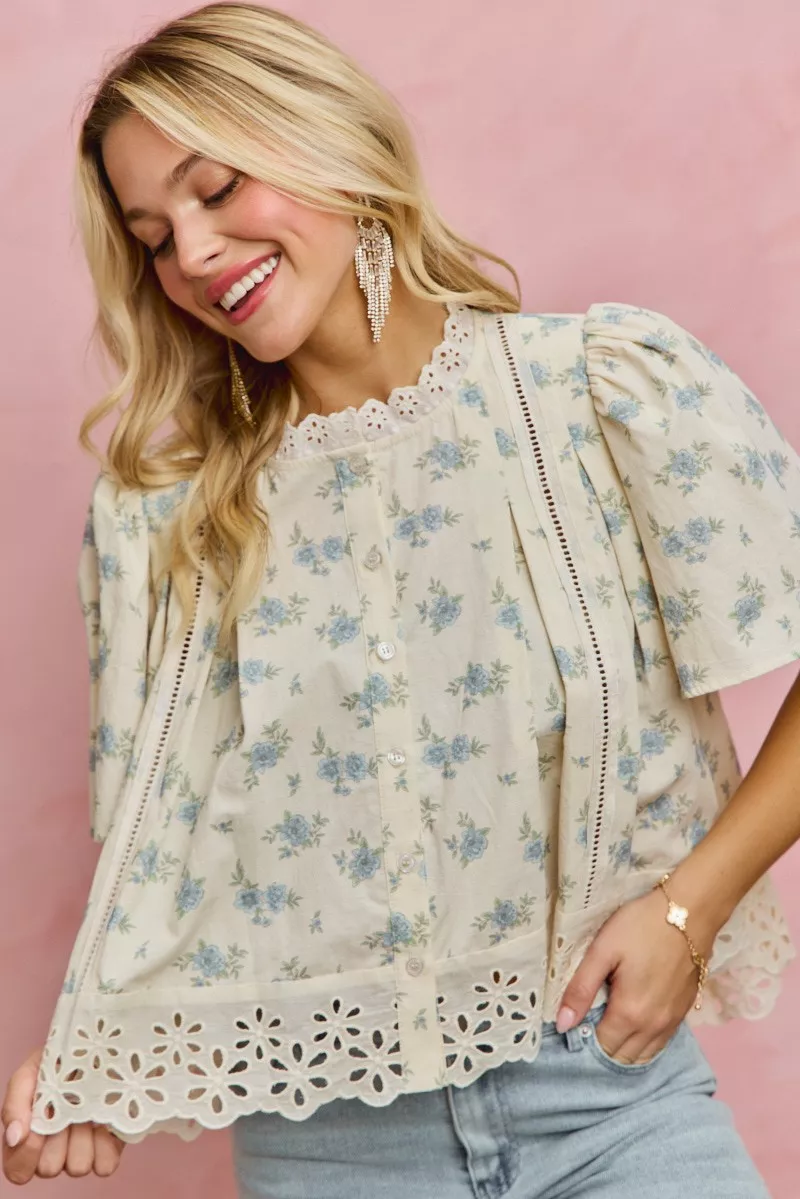 SO ME Floral Print Lace Trim Flutter Sleeves Blouse - Image 8