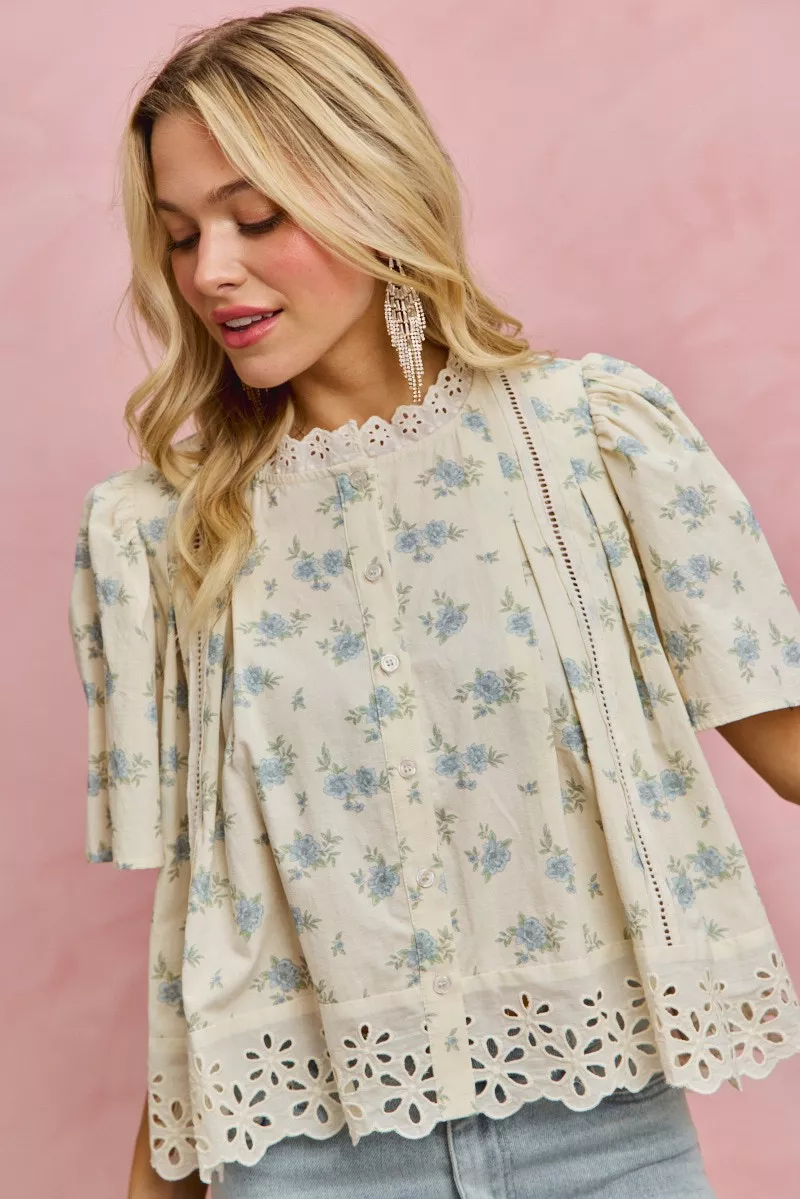 SO ME Floral Print Lace Trim Flutter Sleeves Blouse - Image 9
