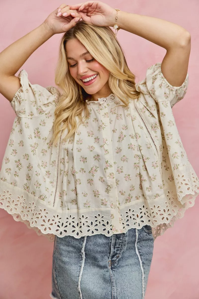 SO ME Floral Print Lace Trim Short Sleeves Blouse - Image 10