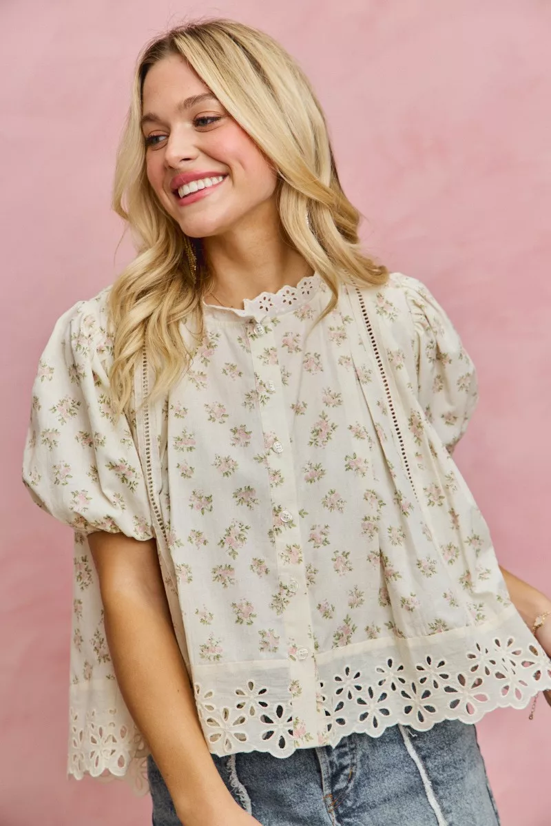 SO ME Floral Print Lace Trim Short Sleeves Blouse - Image 11