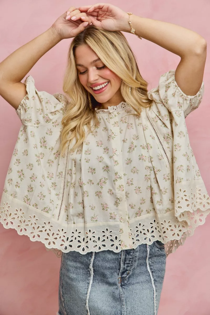 SO ME Floral Print Lace Trim Short Sleeves Blouse - Image 12