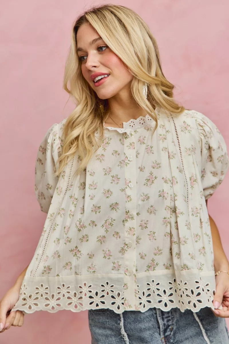 SO ME Floral Print Lace Trim Short Sleeves Blouse - Image 13