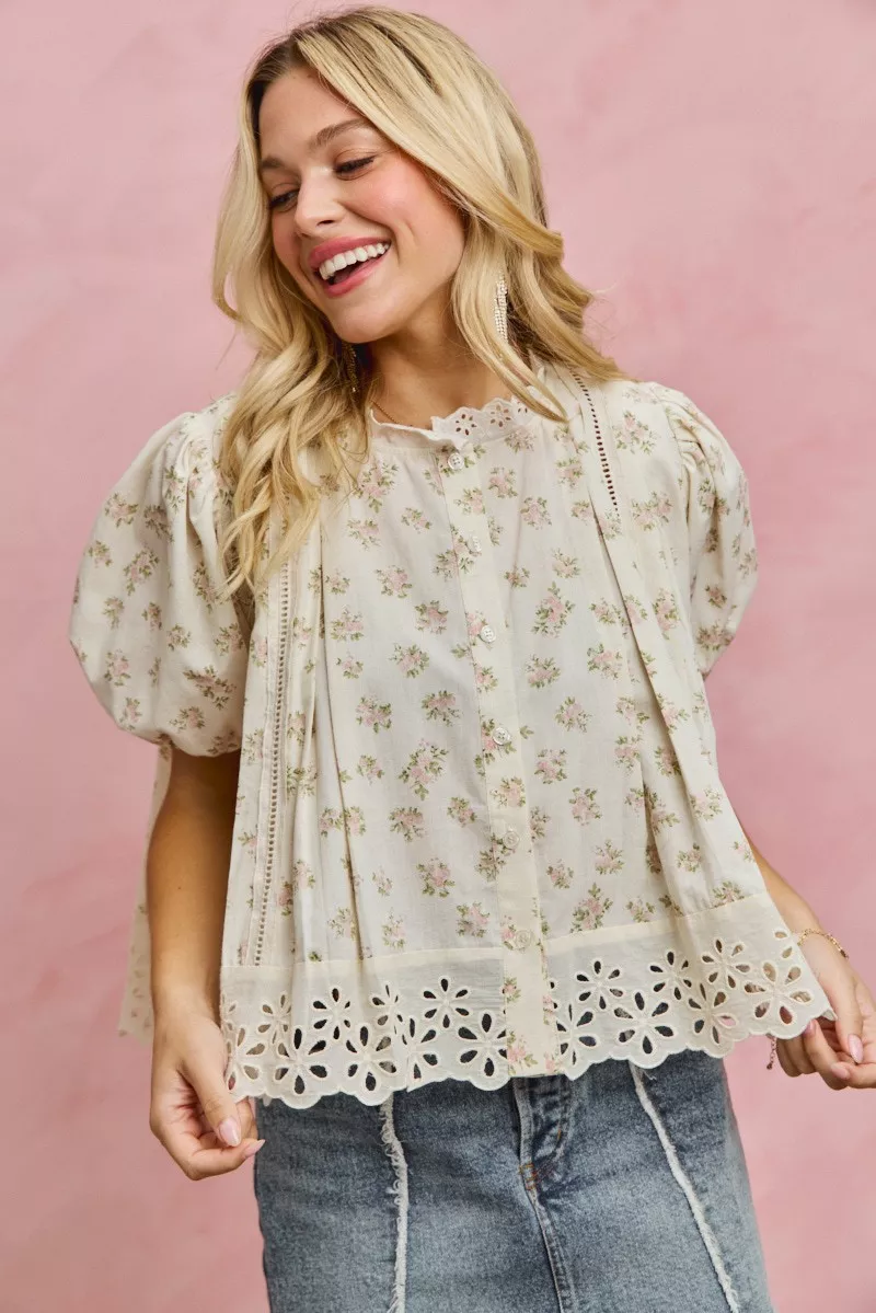 SO ME Floral Print Lace Trim Short Sleeves Blouse - Image 14