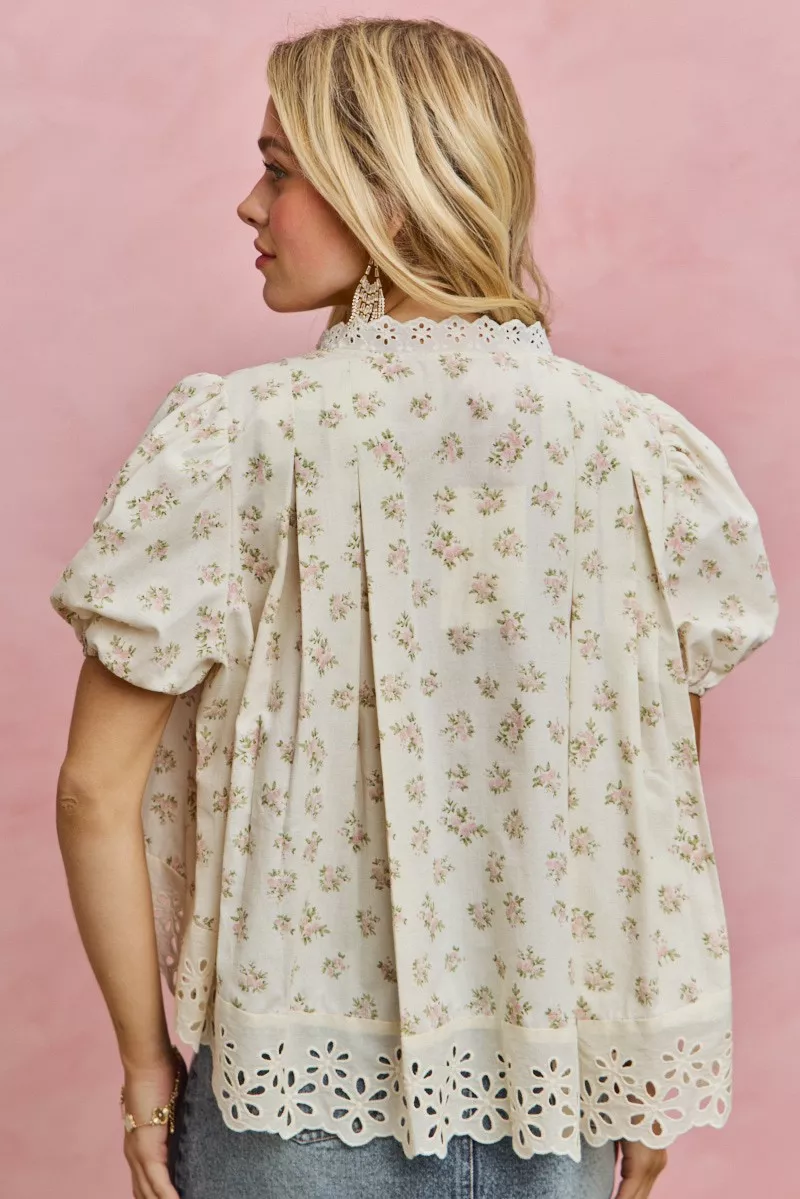 SO ME Floral Print Lace Trim Short Sleeves Blouse - Image 15