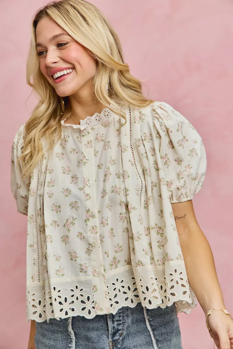 SO ME Floral Print Lace Trim Short Sleeves Blouse - Image 2