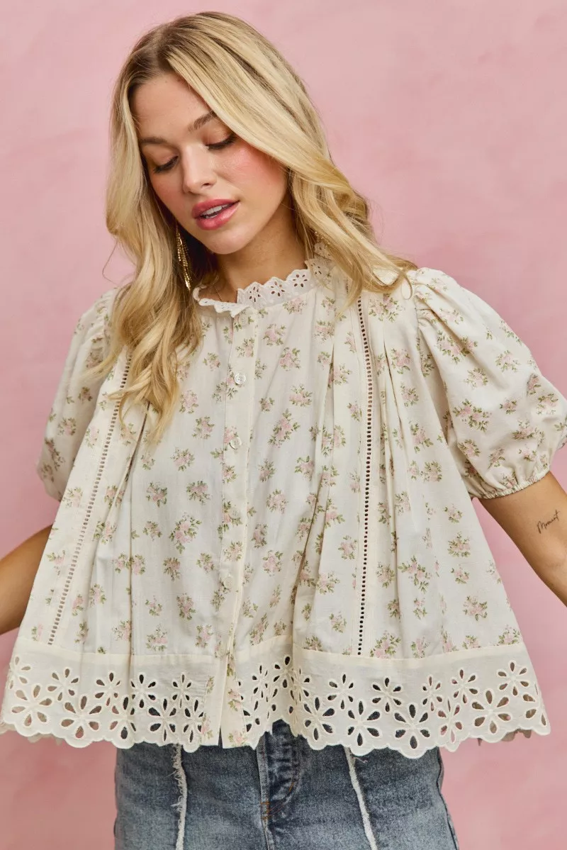 SO ME Floral Print Lace Trim Short Sleeves Blouse - Image 3