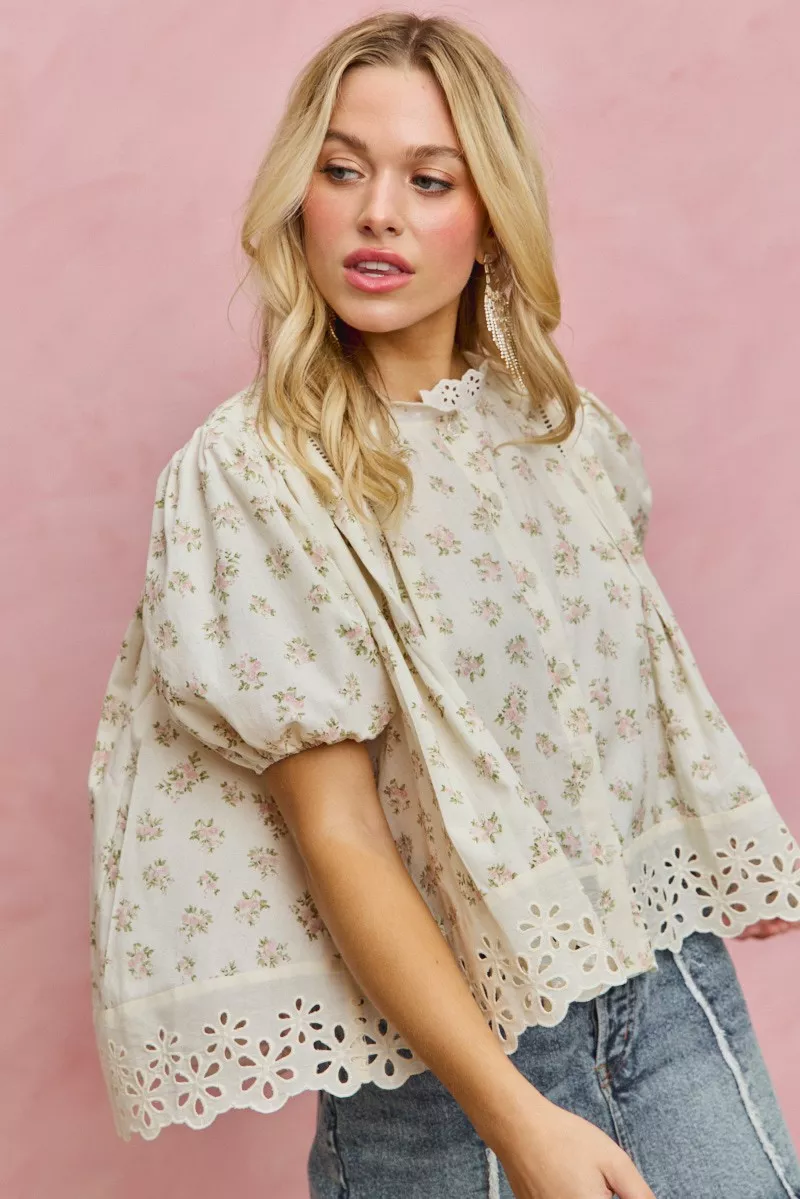 SO ME Floral Print Lace Trim Short Sleeves Blouse - Image 4