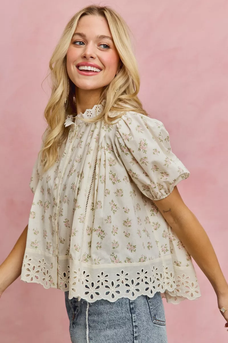 SO ME Floral Print Lace Trim Short Sleeves Blouse - Image 5