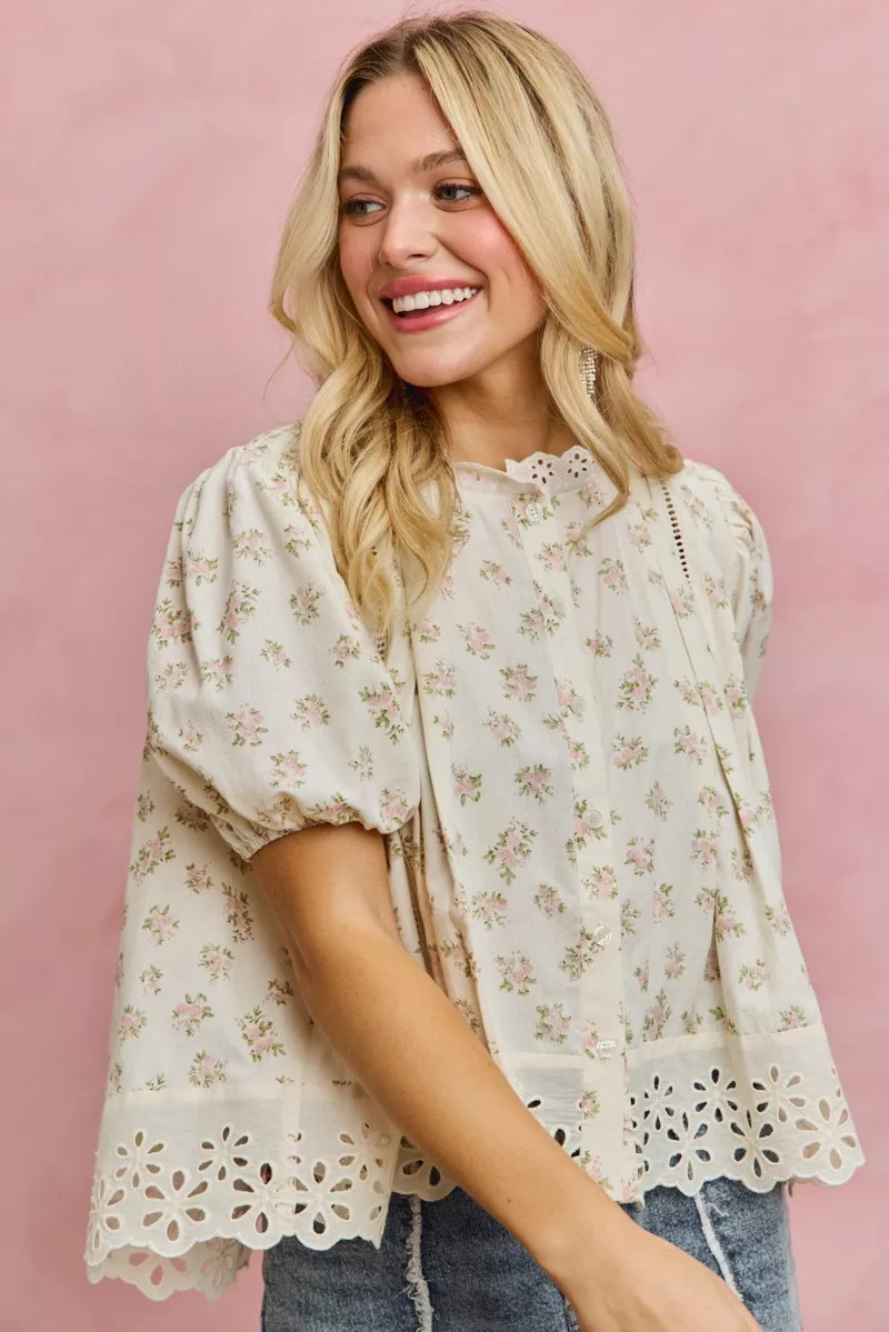 SO ME Floral Print Lace Trim Short Sleeves Blouse - Image 6