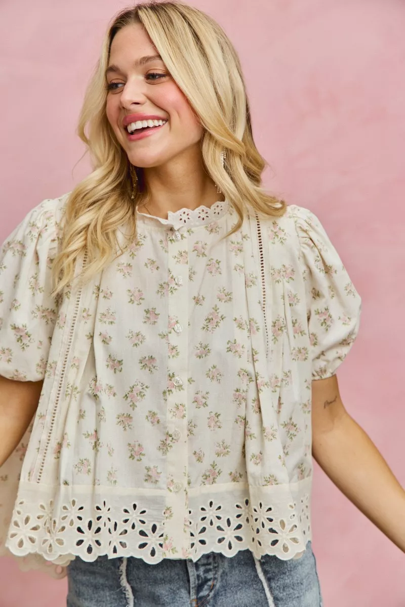 SO ME Floral Print Lace Trim Short Sleeves Blouse - Image 8