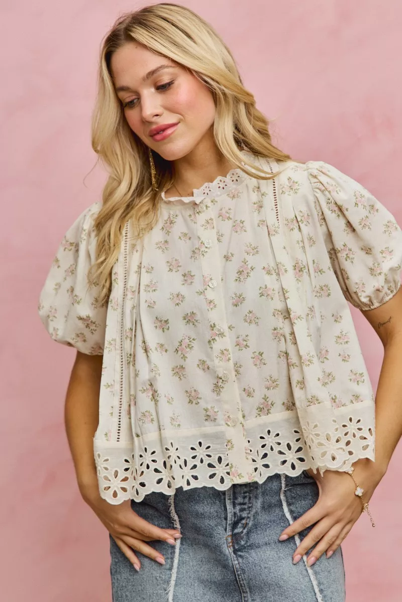SO ME Floral Print Lace Trim Short Sleeves Blouse - Image 9
