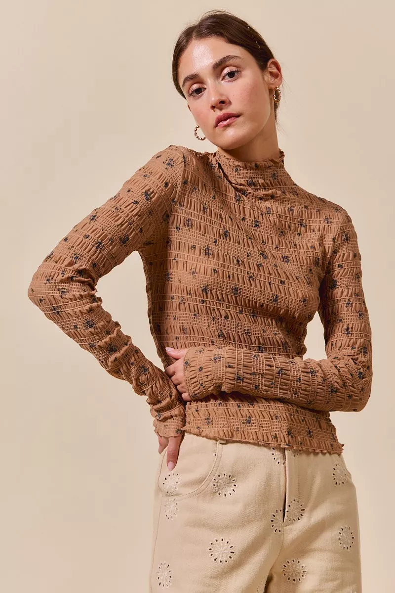 SO ME Floral Print Textured Long Sleeve Knit Top
