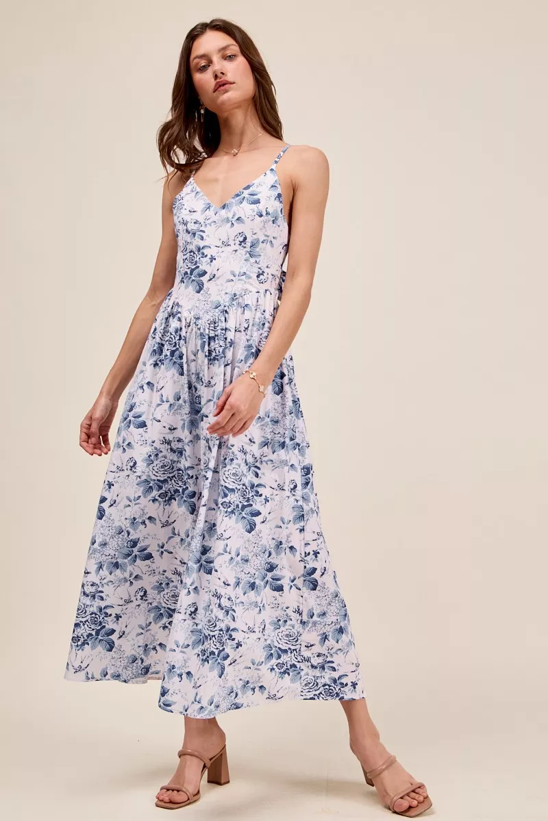 SO ME Floral Woven V Neck Dress With Back Ribbon Tie - Image 3